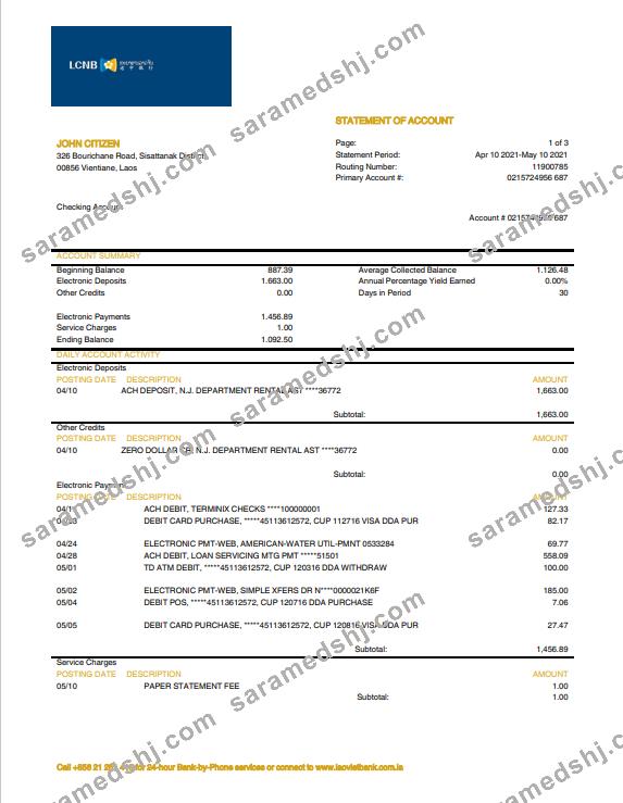 Laos LCNB Bank statement template in Word and PDF format